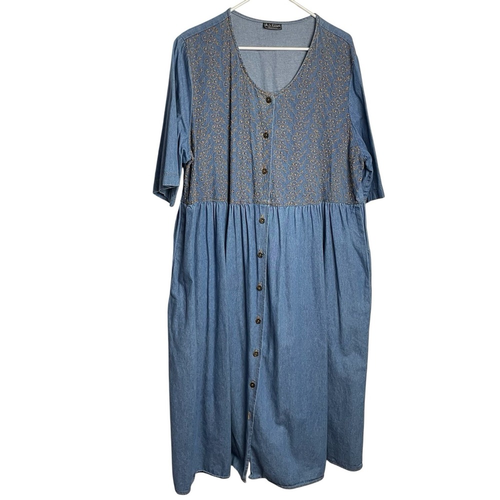 Vintage AS Elliot Womens Jean Dress Sz 2X Blue Denim Embroidered Cottage Prairie